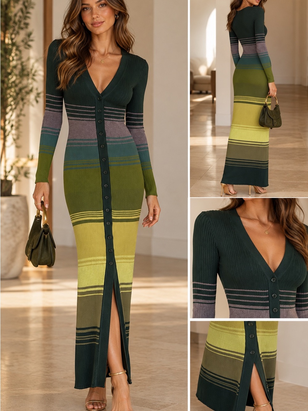 STAUD Long-Sleeve Button-Front Maxi Dress in Olive & Lime